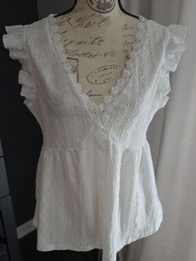 White Lace-Trim Flutter Sleeve Top - Women